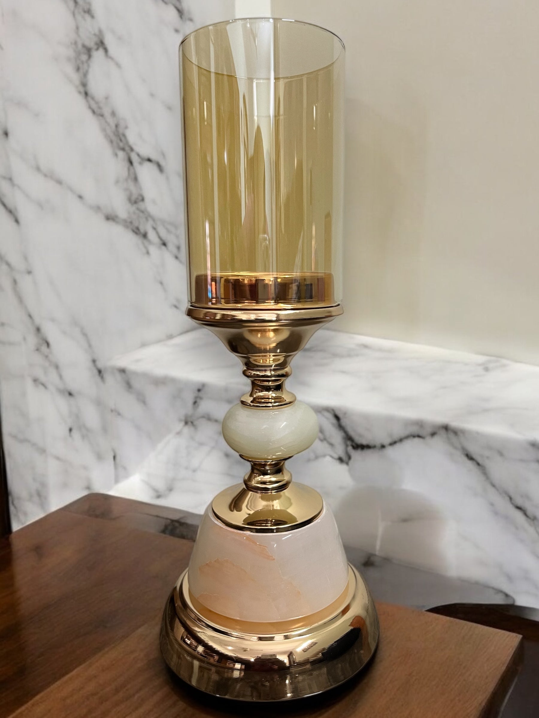 Luxurious Gold & Marble Candle Stand with Frosted Glass Holder