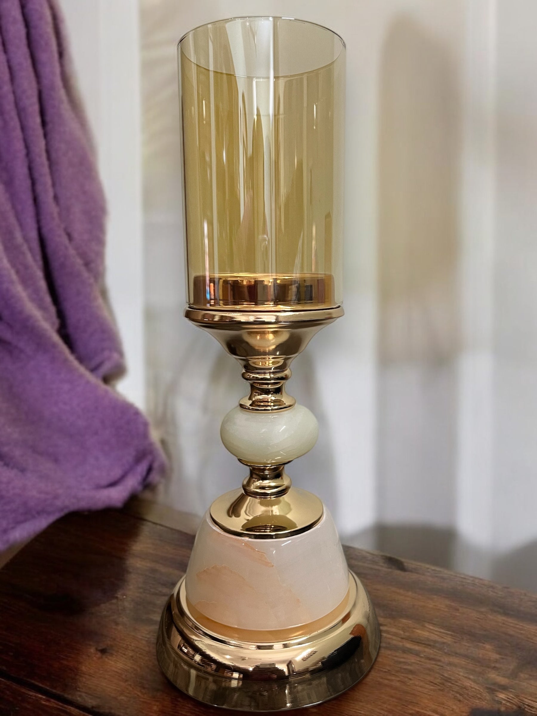 Luxurious Gold & Marble Candle Stand with Frosted Glass Holder