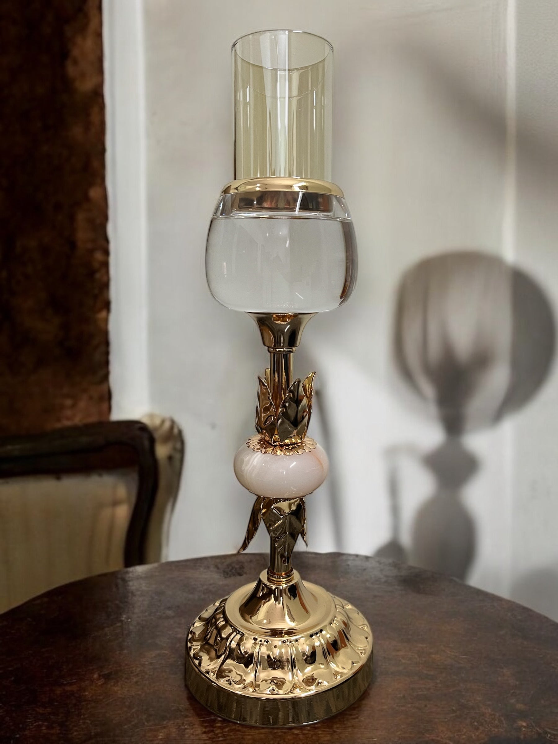 Ornate Gold Candle Stand with Frosted Glass and Intricate Detailing