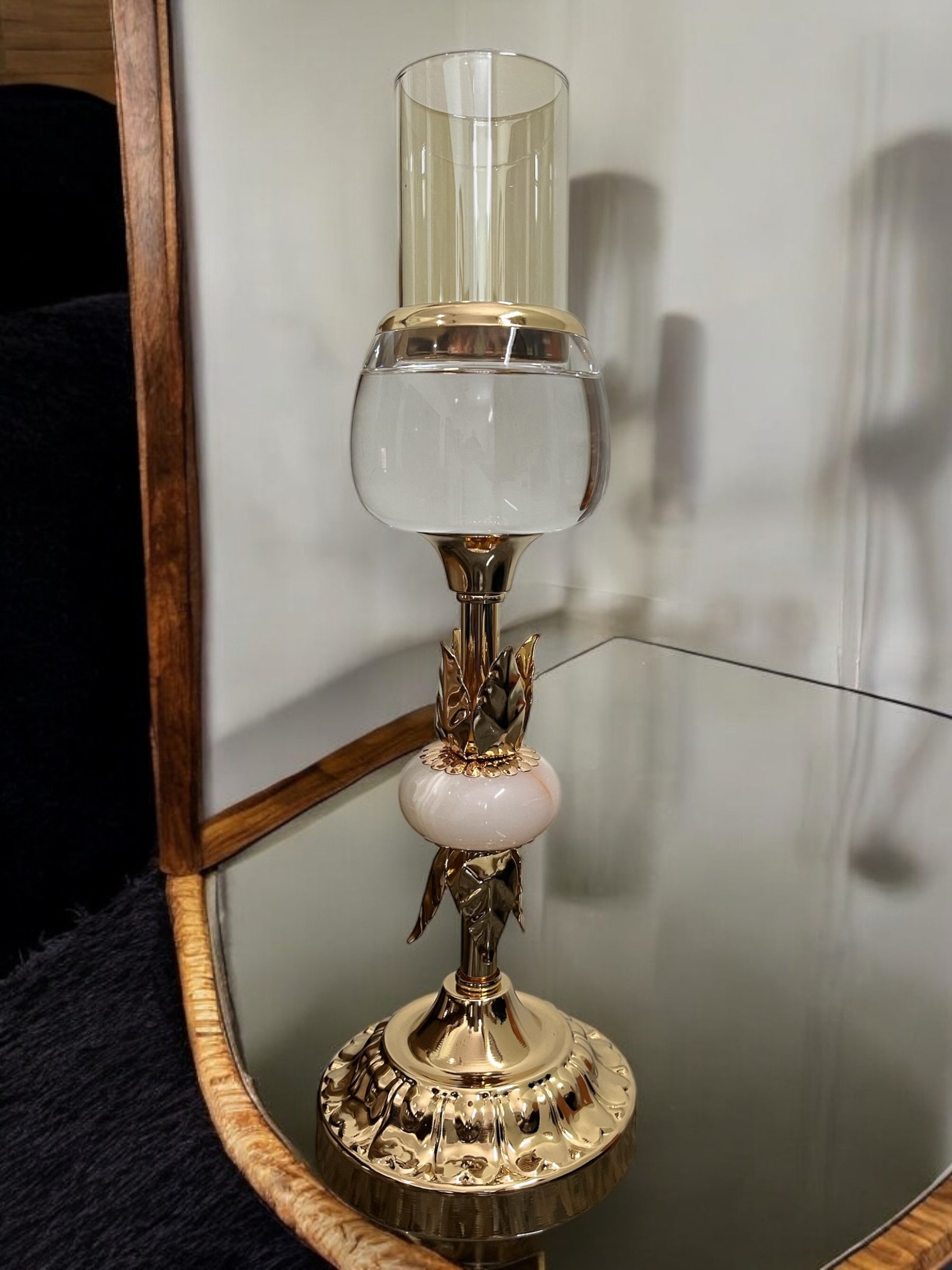 Ornate Gold Candle Stand with Frosted Glass and Intricate Detailing